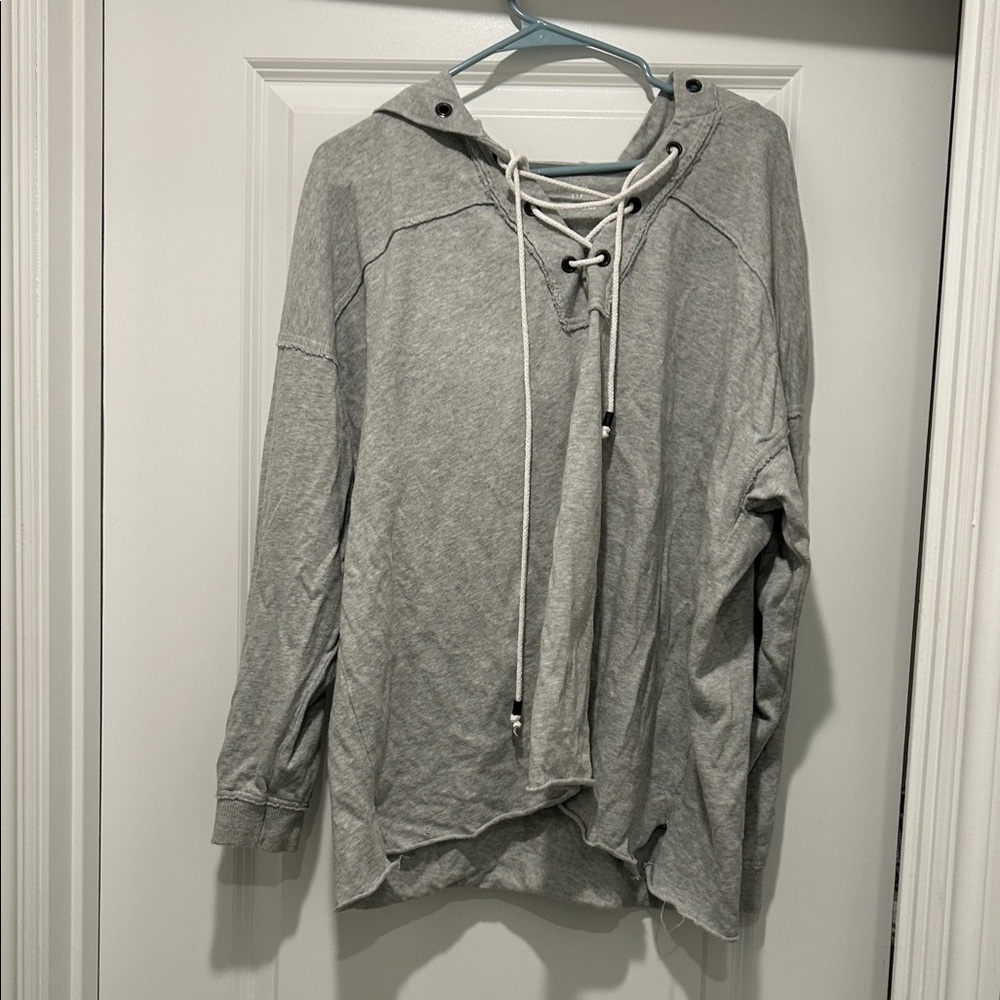 Aerie Heather Gray Lace-Up Hoodie